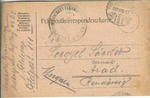 Carte poștală militară circulată Arad, 1916, voluntar din oraș din Infanterieregiment Freiherr von Reicher Nr 68, cu ștampila regimentului, Tábori Posta 111, Feldkorrespondenzkarte