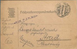 Feldpostkorrespondenzkarte, 1916, ștampila Feldjägerbataillon Nr 28, Tábori posta 60, expediată de pe frontul italian la Arad
