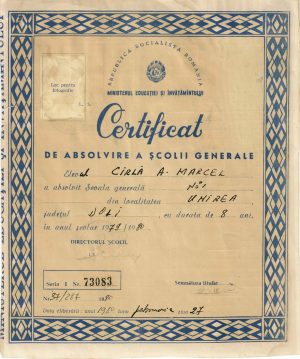 Certificat de absolvire a școlii generale, 1980