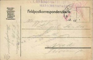 Feldpostkarte, 1918, ștampila Feldjägerbataillon Nr 28, Hauptfeldpost 5/IV, expediată de pe frontul din Bucovina la Arad