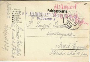 Feldpostkarte cu ștampila K u K Feldartilleriegiment Nr 110, 1918, Feldpost 529, circulat de pe frontul italian la Arad