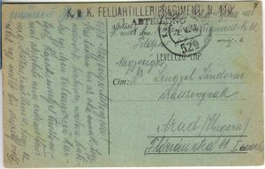 Carte poștală cu ștampila K u K Feldartilleriegiment N 110, 1918, Feldpost 529, circulat de pe frontul italian la Arad, levelező-lap