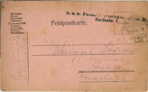 Feldpostkarte, carte poștală militară, ștampilă k u k Feldartillerieregiment 21, Tábori postahivatal 634, expediată din Tirol la Arad, 1918