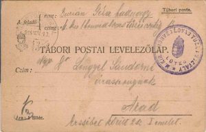 Feldkorrespondezkarte, carte poștală militară, ștampilă Magyar királyi I honvéd lovas tüzér osztály, Tábori postahivatal 13, circulată Arad, 1917