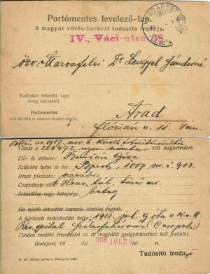 Carte poștală Crucea Roșie maghiară, Portómentes Válasz Levelezőlap, A magyar vörös kereszt tudósító irodája, circulată Arad, 1918