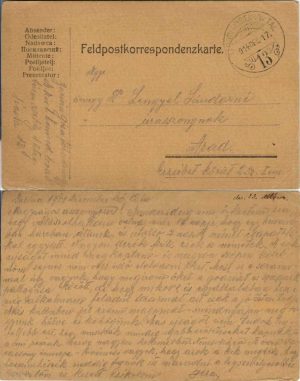 Feldkorrespondezkarte, carte poștală militară, Magyar királyi I honvéd lovas tüzér osztály, Tábori postahivatal 13, expediată de pe frontul din Galiția la Arad, 1914