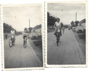 Femeie și copil cu biciclete, lot de 2 fotografii