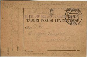 Carte poștală cu ștampila M kir 300 honvéd gyalog ezred expediată la Arad de pe frontul românesc, 1917, Feldpost 397