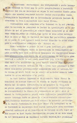 Iuliu Maniu, memoriu despre restaurația din 1930 a domniei Regelui Carol al II-lea, 13 decembrie 1934