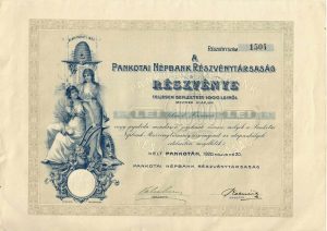 Acțiune 1000 lei la Banca Poporală Pâncota, județul Arad, 1920/Pankotai Népbank Részvénytársaság