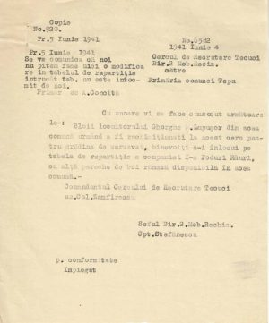 Act către Cercul de Recrutare Tecuci, 1941