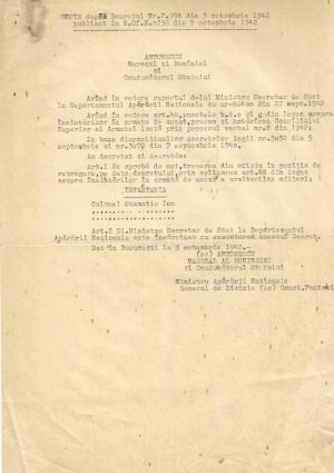 Decretul 2996 din 3 octombrie 1942 publicat în Monitorul Oficial din 9 octombrie 1942, copie de epocă