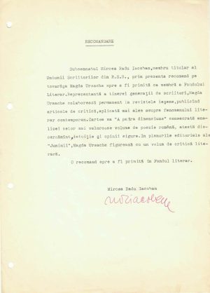 Mircea Radu Iacoban, recomandare pentru Magda Ursache, cu semnătura sa olografă, perioada comunistă