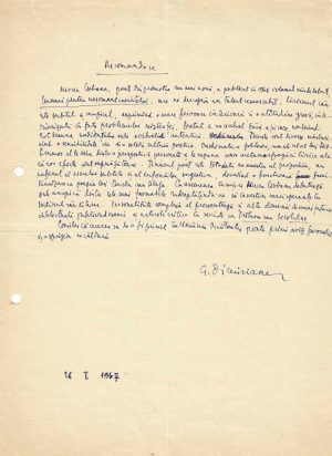 Gabriel Dimisianu, recomandare pentru Mircea Ciobanu, act olograf, 1967