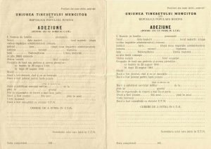 Uniunea Tineretului Muncitor din Republica Populară Romînă, adeziune pentru cei ce intră în UTM, anii 1950, lot de 5 exemplare