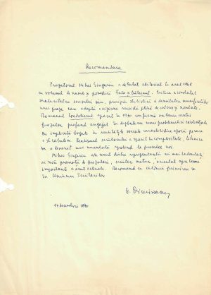 Gabriel Dimisianu, recomandare pentru Mihai Giugariu, act olograf, 1970