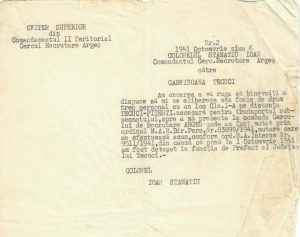 Cercul de Recrutare Argeș către Garnizoana Tecuci, 1941, act