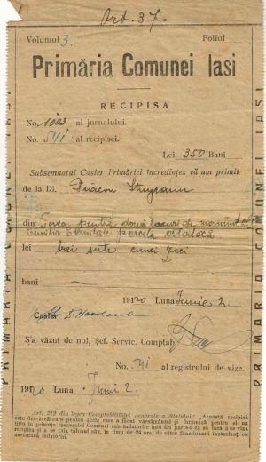 Primăria Comunei Iași, recipisă, 1920