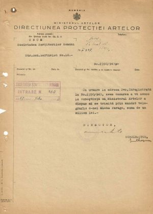 Ministerul Artelor dispune plata sumei de un milion lei către Elena Farago, 1947