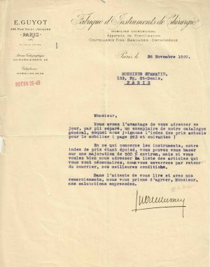 Fabrique d'Instruments de Chirurgie, Paris, 1929, scrisoare de afaceri către medic român