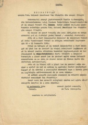 Referință pentru colonel din Pitești, fost prefect, care a participat la înăbușirea rebeliunii legionare din Tecuci, a ajutat populația evreiască și a fost îndepărtat din funcție de regimul Antonescu, 1960, Tecuci, copie de epocă