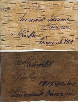 Carte poștală pe scoarță de mesteacăn expediată de militar din 5 Honvéd Lovashadosztály din Bucovina la Arad, Tábori postahivatal 635, 1917