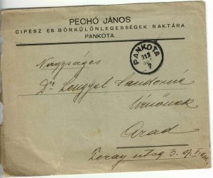 Pechó János, Cipész és Bőrkülönlegességek raktára, Pankota/Pâncota, plic cu antet circulat Pâncota-Arad, 1912