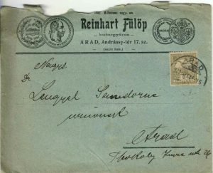 Reinhart Fülöp, butorgyáros, Arad, plic cu antet circulat Arad, 1903