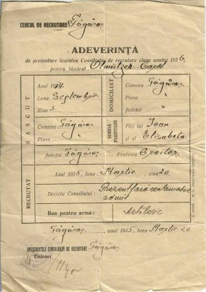 Adeverință de prezentare înaintea Consiliului de recrutare, Cercul de rectrutare Făgăraș, 1935