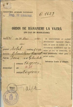 Ordin de rămânere la vatră în caz de mobilizare, Regimentul 10 Călărași, 1940, pentru soldat originar din Făgăraș