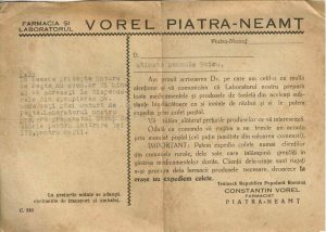 Farmacia și laboratorul Vorel Piatra Neamț, scrisoare comercială
