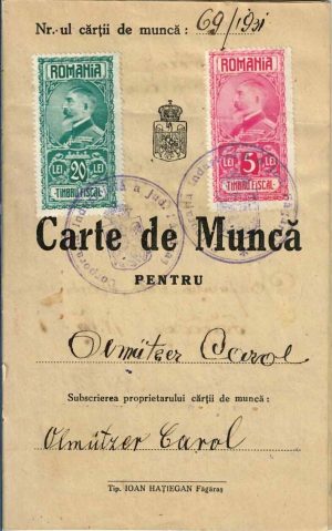 Carte de muncă pentru calfă de croitor de la croitoria civilă și militară Gheorghe Taflan din Făgăraș, 1931