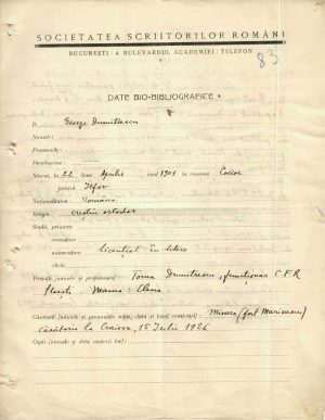 George Dumitrescu, date bio-bibliografice completate olograf de către el, perioada interbelică