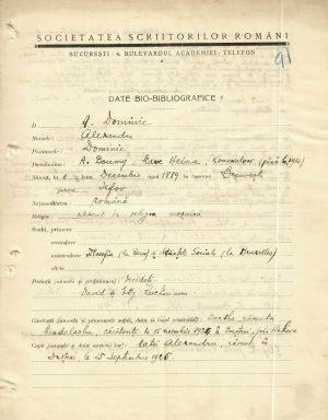 Avram Reichman, pseudonim literar Alexandru Dominic, date bio-bibliografice completate olograf de către el, perioada interbelică