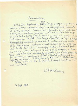 Gabriel Dimisianu, recomandare pentru Vera Lungu, act olograf, 1965