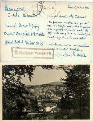 Colonel Oscar Hönig din Grupul 8 Vânători de Munte, carte poștală primită de la Predeal în capul de pod din Kuban, 1943, OPM 33 și OPM 819