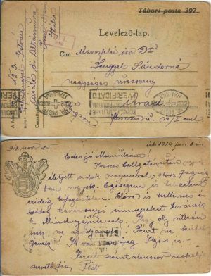 Prizonier de război originar din Arad, carte poștală circulată Casale di Altamura-Arad, 1918, ștampile Crucea Roșie