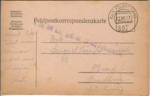 Carte poștală cu ștampila M kir 300 honvéd gyalog ezred expediată la Arad de pe frontul românesc, 1917, Feldpost 397