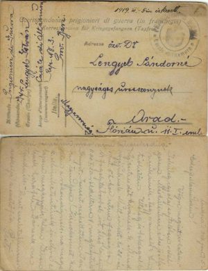 Prizonier de război originar din Arad, carte poștală circulată Casale di Altamura-Arad, 1919, ștampile cenzură românească și italiană și a lagărului