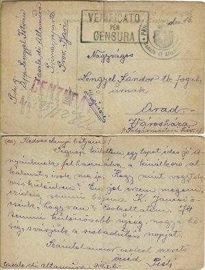 Prizonier de război originar din Arad, carte poștală circulată Casale di Altamura-Arad, 1919, cu ștampila lagărului