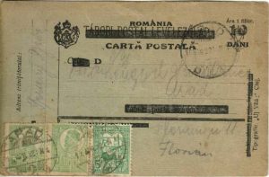 Carte poștală militară maghiară din timpul Primului Război Mondial reutilizată de România prin supratipărire cu preț și tipizat românesc la Cluj, 1921