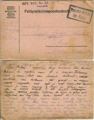 Feldpostkorrespondenzkarte cu ștampila Regimentului 33 Infanterie k u k de la Arad, Feldpost 630, 1916, expediată de pe frontul italian la Arad