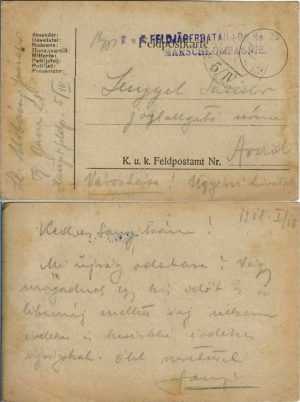 Feldpostkarte, 1918, ștampila Feldjägerbataillon Nr 28, Hauptfeldpost 5/IV, expediată de pe frontul din Bucovina la Arad
