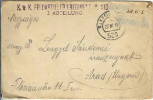 Plic circulat la Arad, 1918, căpitan originar din zonă, Feldpost 529 - frontul italian, ștampilă Feldartillerieregiment 110