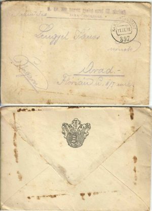Plic cu ștampila M kir 300 honvéd gyalog ezred și insigna tipărită a M kir 51 Honvéd Gyaloghadosztály, 1918, circulat Arad, Feldpost 397