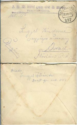 Plic cu ștampila M kir 300 honvéd gyalog ezred, 1918, circulat Arad, Feldpost 397
