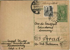 Carte poștală maghiară  circulată Târgu Mureș-Arad, 1944, Ardealul ocupat