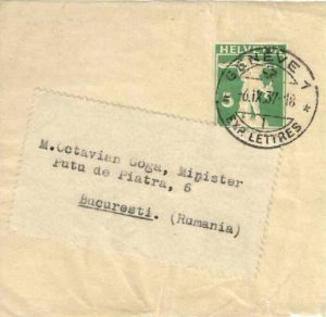 Octavian Goga, 1937, fragment de plic destinat acestuia la București