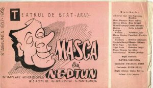 Teatrul de Stat Arad, Masca lui Neptun, întâmplare neverosimilă în 3 acte de Ig Grinevici și N Pantelimon, stagiunea 1957-1958, program