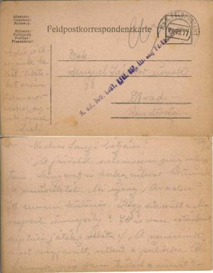 Carte poștală cu ștampila M kir 300 honvéd gyalog ezred expediată la Arad de pe frontul românesc, 1917, Feldpost 397